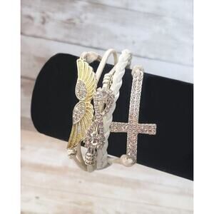 Off White Bracelet with Angel Wings, Cross and Clear Gems